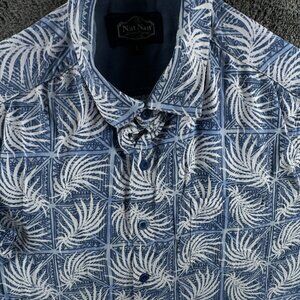 Nat Nast Men Short Sleeve Button Up Shirt Large Silk Cotton Blue Floral Hawaii